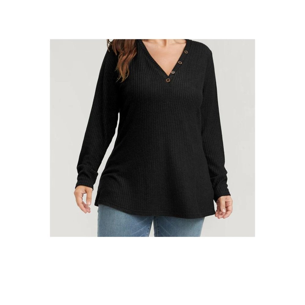 Solid Black Button Ribbed V Neck Long Sleeve Tee Size 10
